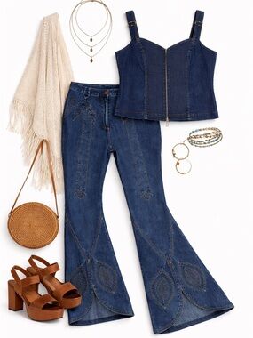 Boho Denim Set Corset Top + Embroidered Flare Jeans Size 8